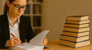 Profesional revisando documentos legales y científicos para evitar errores de traducción